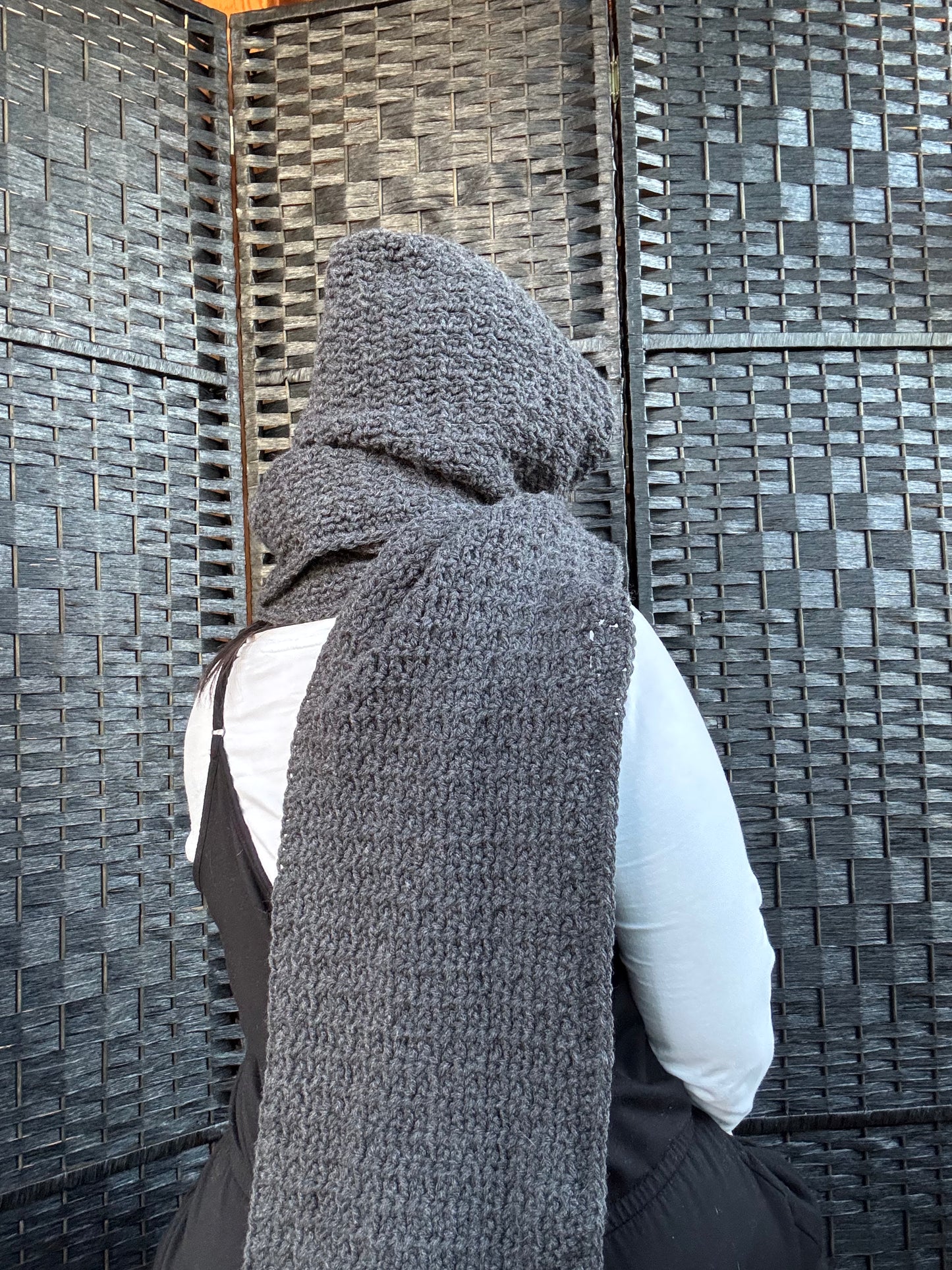 Grey Crocheted Hooded Scarf
